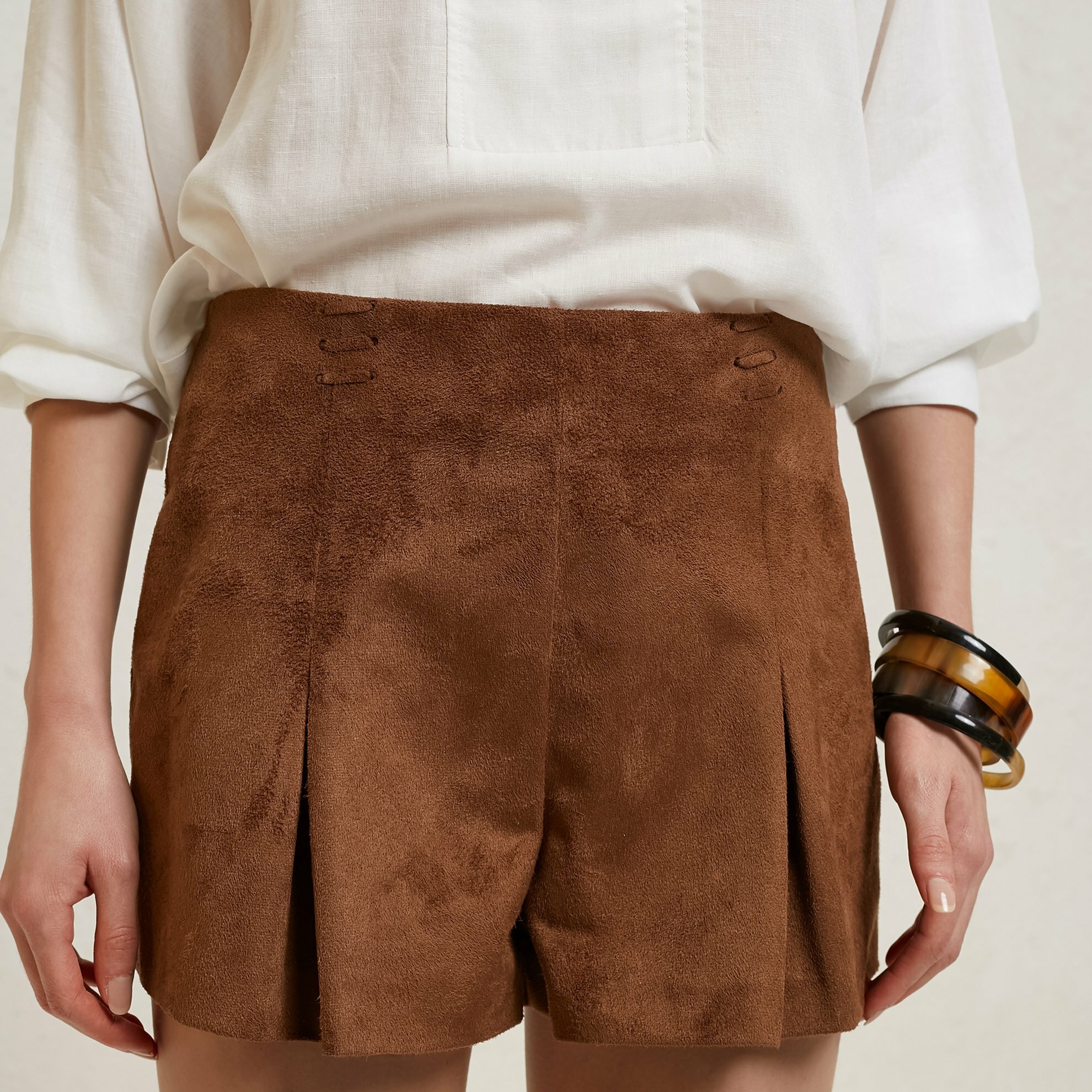 Pleat Detailed Suede Shorts