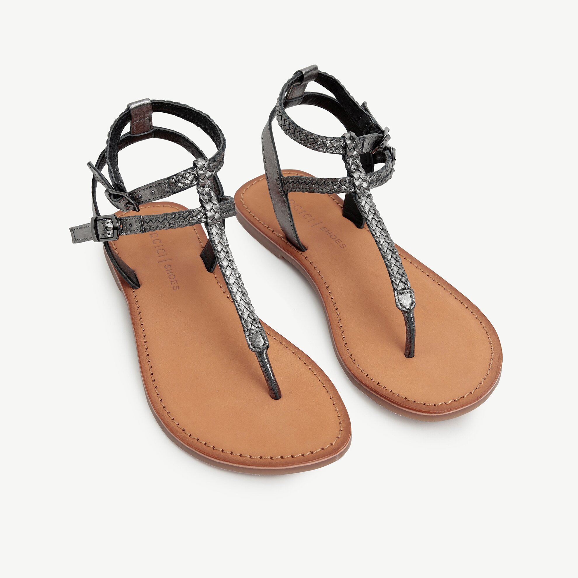 Ankle Tie Toe Post Metallic  Leather Sandals